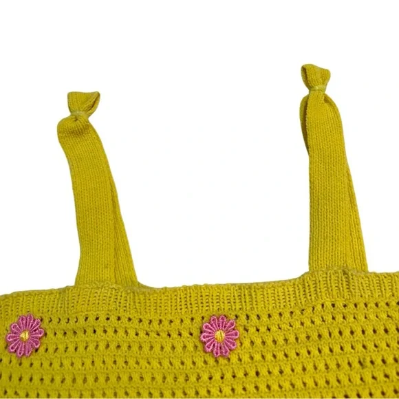 Yellow Knit Crop Top with Pink Flower Accents - Picture 3 of 6